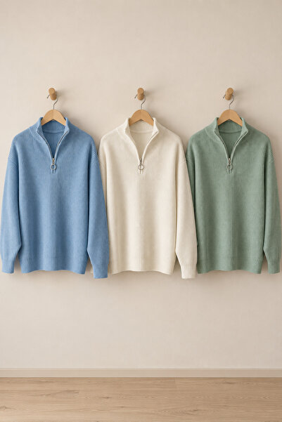 OTAKU 3-Pack Men's Stand Collar Long Sleeve Zippered Knit Sweater