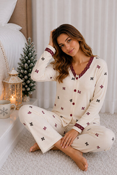 ELİTOL Reported Viscose Buttoned V-Neck Lace Long Sleeve Patterned Pajama Set