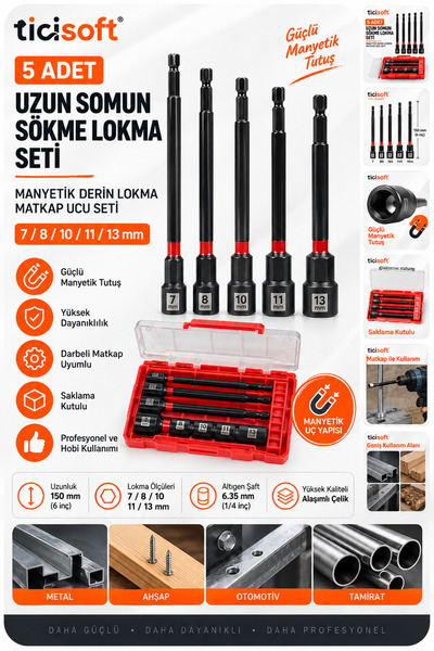 Ticisoft 5 Parça 150 mm Manyetik Uzun Somun Sökme Lokma Seti 7-8-10-11-13 mm ...