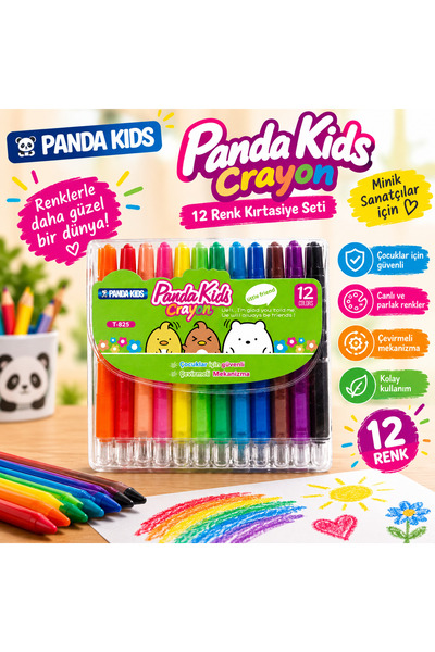 Panda Kids 12’li Çevirme Mekanizmalı Mum Boya Seti – Renkli Çocuk Boyama Kalemleri