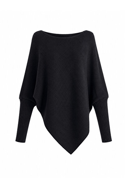 Buket Teke Black Boat Neck Asymmetrical Knitwear Blouse