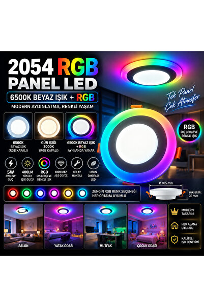 kialed Led Panel Spot 5W 3 Mod 6500K Beyaz Gün Işığı RGB Renkli Dekoratif Tav...
