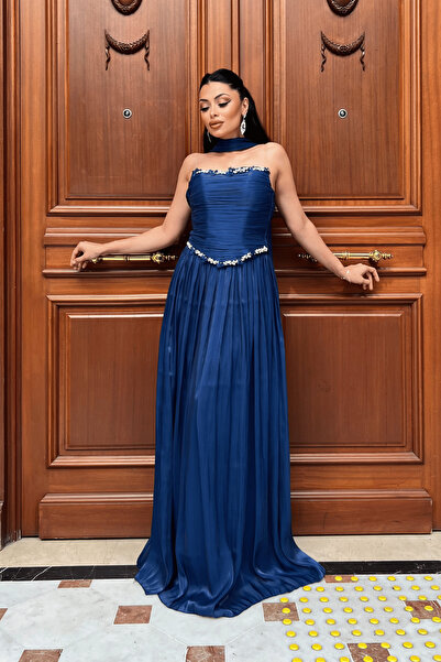 giyimmasalı Organza Chiffon Fabric Evening Dress with Stone Detail - Dark Blue