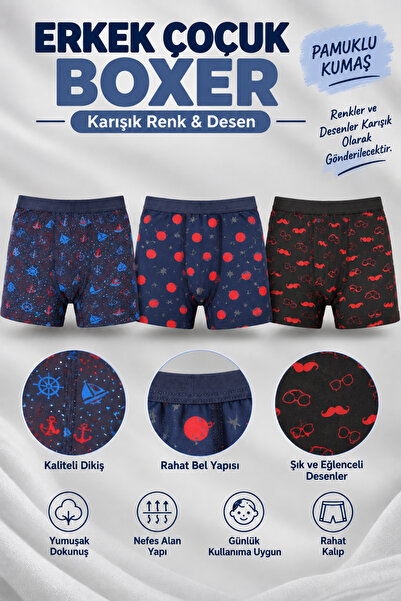 Alıç Boys' Boxer 3 Pieces Mixed Color and Patterned Cotton Flexible Waist Comfortable Children's Boxer Underwear