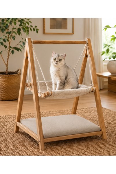 Kedi Köpek Salıncağı – Ahşap, Minderli, Yıkanabilir Kumaşlı Evcil Hayvan Salıncak Yatağı Minderli Model