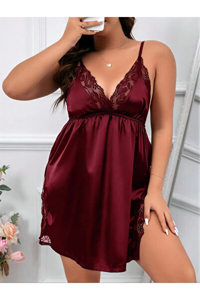 Bordo Büyük Beden (Big Size) Dantel İşlemeli Saten Gecelik Takımı