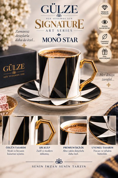 GÜLZE Signature / Art Series / Mono Star Model 2-Person Coffee Cup Set (Fine Bone Porcelain)