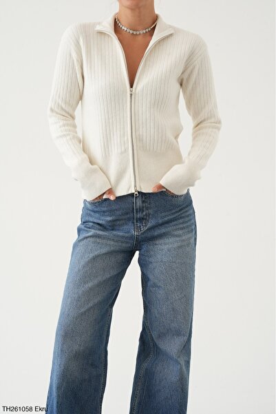Lupies Women's Double Zipper Ribbed Woven Wool Knitwear Cardigan
