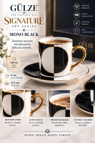 GÜLZE Signature / Art Series / Mono Black Model 2-Person Coffee Cup Set (Fine Bone Porcelain)