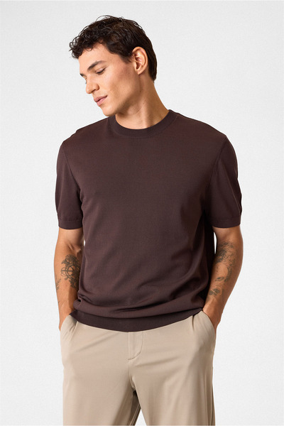 Back And Bond Regular Fit Crew Neck Brown Knitwear T-Shirt