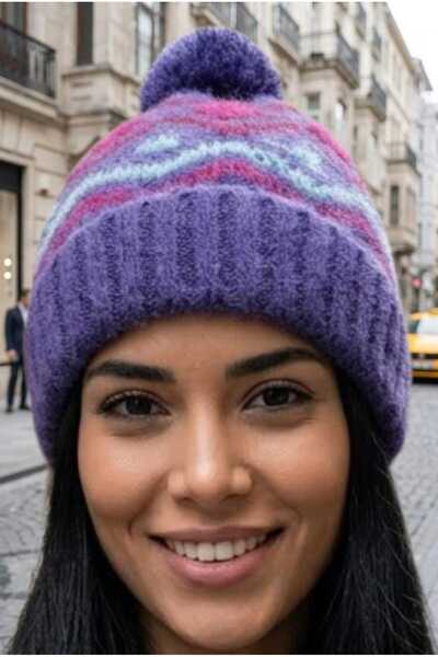 Uniquetrenders Women's Pompom Folded Patterned Knitted Winter Beanie