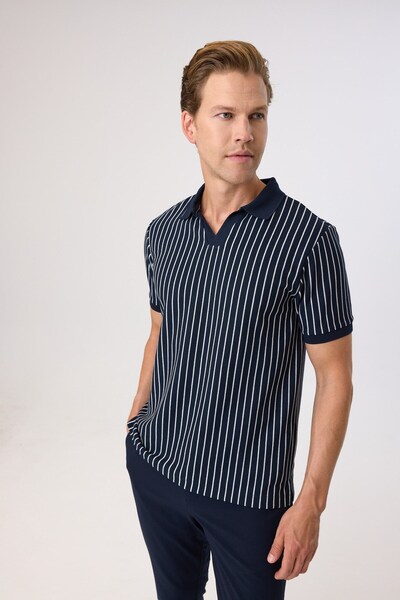 Back And Bond Regular Fit Navy Blue Buttonless Polo Collar T-Shirt