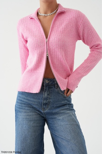 Lupies Women's Double Zipper Ribbed Woven Wool Knitwear Cardigan