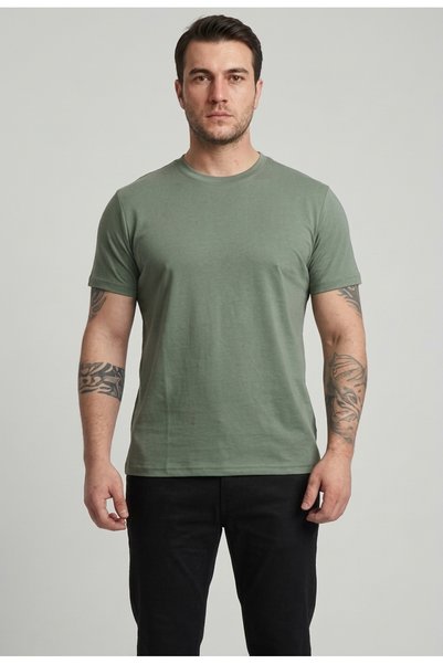 Haki Yeşili Bisiklet Yaka Erkek T-Shirt Pamuklu Basic Kısa Kollu Rahat Kesim