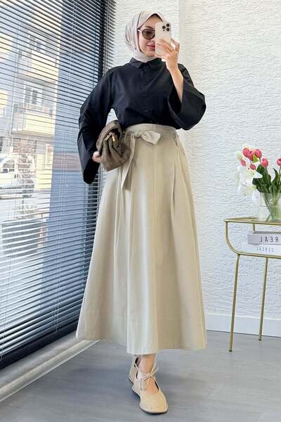 MELEK ARAZ Premium Pleated Detailed Belted Cotton Gabardine Midi Skirt - Khaki
