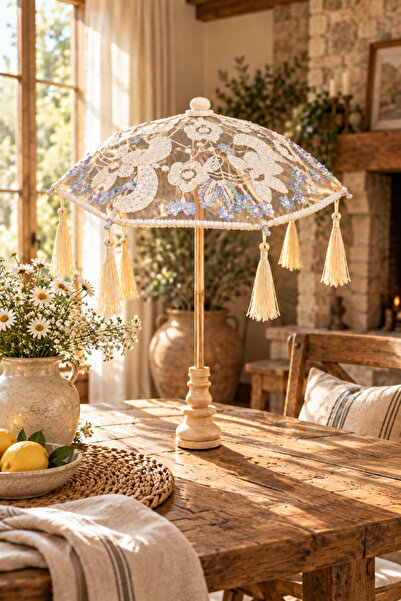 House Bird Masaüstü Dantelli Pullu Bali Şemsiyesi Püsküllü Dekoratif Sunum ve...