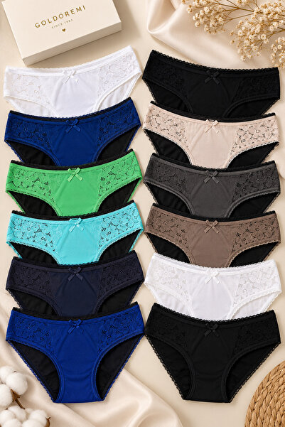 gd goldoremi Premium Kadın 12'li Dantelli/Düz Cotton Bikini Külot