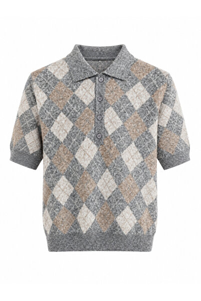 Buket Teke Gray Baklava Patterned Collared Short Sleeve Knitwear Blouse