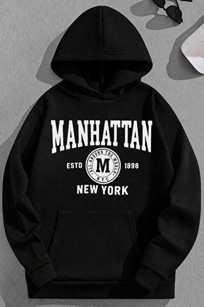 K KOZZ STYLE Unisex 3 Thread Cotton Black Manhattan Print Loose Fit Sweatshir...