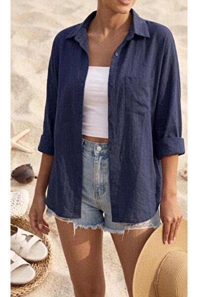 blackbonds Kadın lacivert Oversize Pamuklu Rahat Tek Cepli Keten Gömlek – Yen...