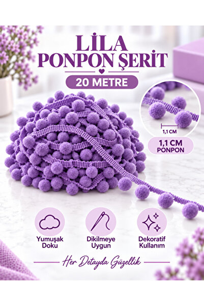 kubbe tekstil aksesuar 20 Metre Lila Ponpon Şerit – 1,1 cm Ponponlu Şerit – H...