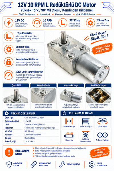 RobotikDepo 12V 10 RPM L Redüktörlü DC Motor
