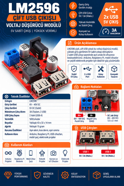 RobotikDepo LM2596 Çift USB Çıkışlı Voltaj Düşürücü Modülü - 5V