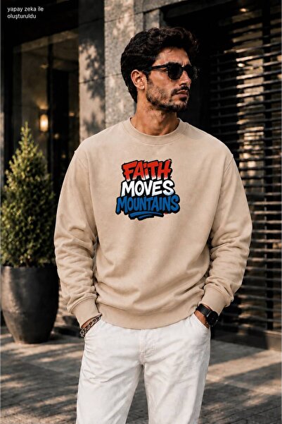 caddekombin Erkekaith Moves Mountains Graffiti Typographic Printed Crew Neck ...