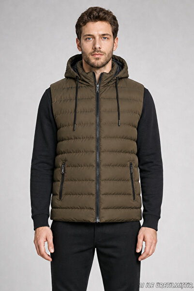 Freemen Men's Khaki Slim Fit Puffer Vest with Removable Hood and Zipper Pockets