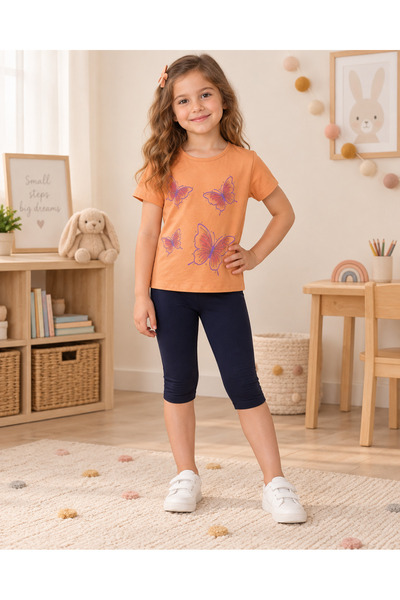 ışık kids Girl's Butterfly Patterned T-Shirt and Capri Leggings 2-Piece Set