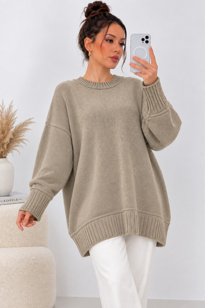 peri tower Women's Crew Neck Balloon Sleeve Oversize Knitwear Tunic Sweater 2...