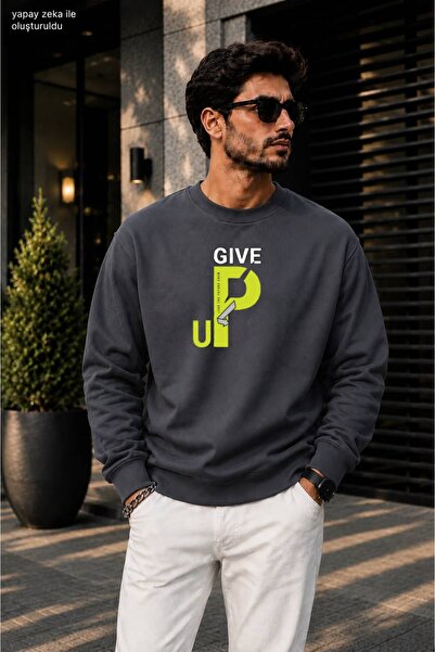 caddekombin Men's Give up Neon Typographic Printed Crew Neck Casual Regular F...
