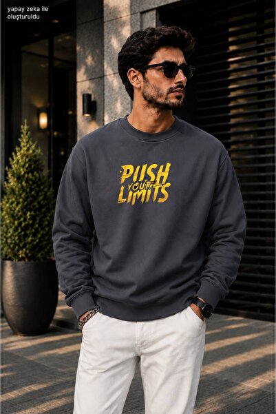 caddekombin Men's Push Your Limits Typographic Printed Crew Neck Casual Regul...