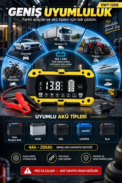 Merwish 12V 24V Akıllı Akü Şarj Cihazı 12A 6A LCD Ekranlı 4Ah-200Ah Akü Şarj ve Bakım Cihazı SWT-1206