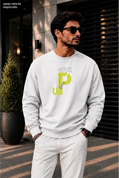 caddekombin Men's Give up Neon Typographic Graphic Printed Crew Neck Casual R...