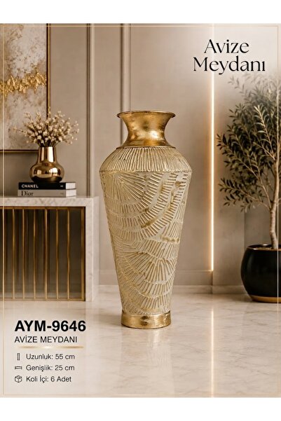 avizemeydanı Avize Meydanı Modern Rölyefli Krem-Gold Detaylı Lüks Metal Vazo ...