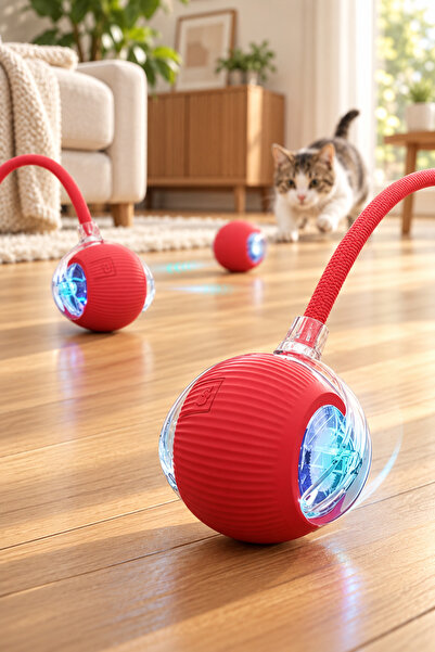 JASPER Akıllı Kedi Oyuncağı, USB Şarjlı, LED Işıklı, 3 Modlu, Otomatik Yuvarl...