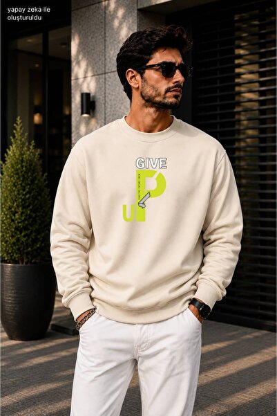 caddekombin Men's Give up Neon Typographic Graphic Printed Crew Neck Casual R...