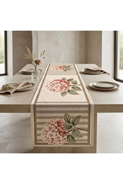 Sunumluxe Çizgili Çiçek Desenli 45x140cm Masa Runnerı