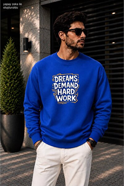 caddekombin Men's Dreams Demand Hard Work Typographic Printed Crew Neck Casua...