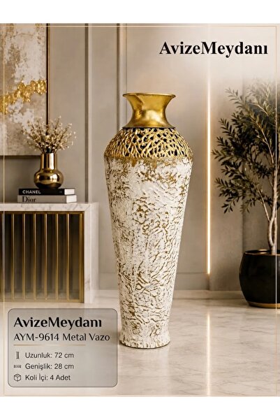 avizemeydanı 72 cm Lüks Eskitme Gold ve Beyaz Tasarım Büyük Boy Metal Vazo
