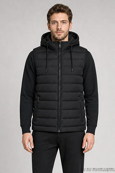 Freemen Men's Black Slim Fit Puffer Vest with Removable Hood and Zipper Pockets