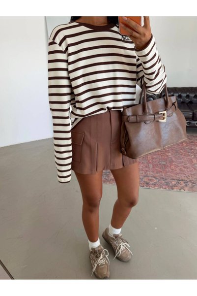Noravelle Women's Breton Striped Crew Neck Basic T-Shirt - Brown-Ecru