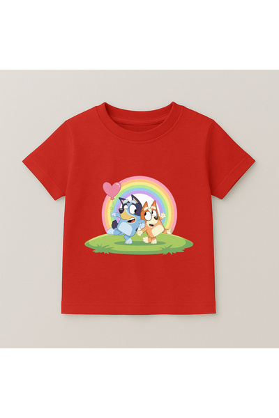 SVART WEAR Bluey Rainbow Grass Printed Kids T-Shirt 100% Cotton Red