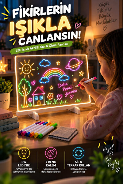 Merwish LED Işıklı Akrilik Yazı ve Çizim Panosu 7 Renk Kalemli Silinebilir Ma...