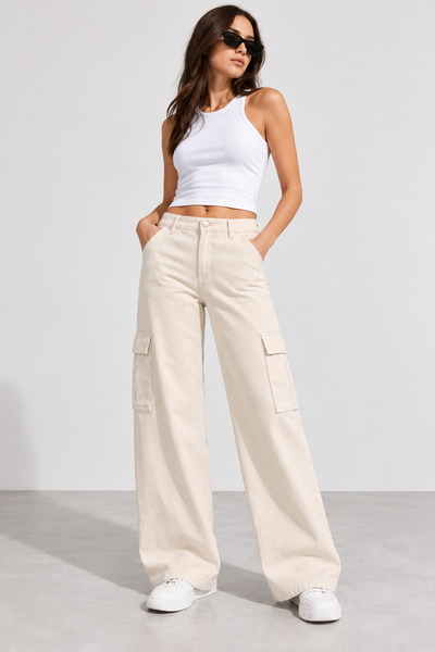 ZÉRIA Women's Cargo Pocket Cream Palazzo Jeans High Waist Wide Leg Jeans