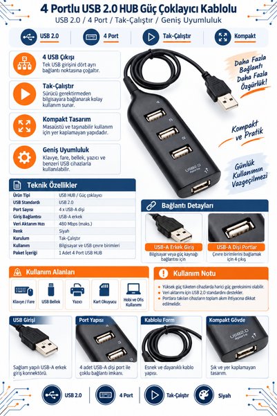 RobotikDepo 4 Portlu USB 2.0 HUB - Güç Çoklayıcı, Kablolu