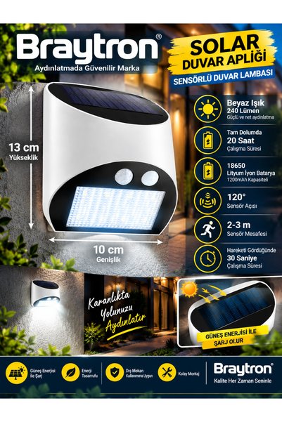 Braytron Güneş Enerjili Solar Sensörlü Dış Mekan Duvar Apliği 240 Lümen Beyaz...