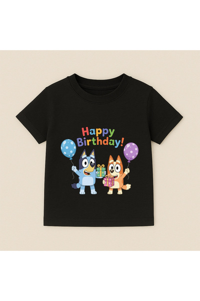 SVART WEAR Bluey Birthday Balloon Printed Children's T-Shirt 100% Cotton Black