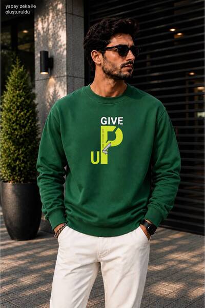 caddekombin Men's Give up Neon Typographic Graphic Printed Crew Neck Casual R...